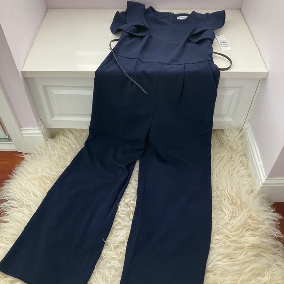 Calvin Klein Ruffle Cap Sleeve Belted Jumpsuit - Picture 3 of 9